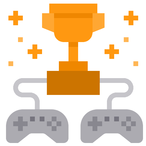 Cartoon depiction of two game controllers connected to a sparkling trophy