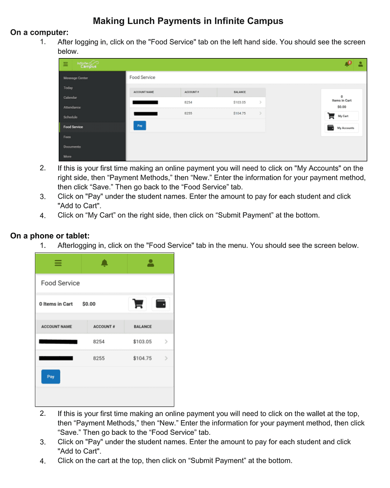 Making Lunch Payments in Infinite Campus Instructions