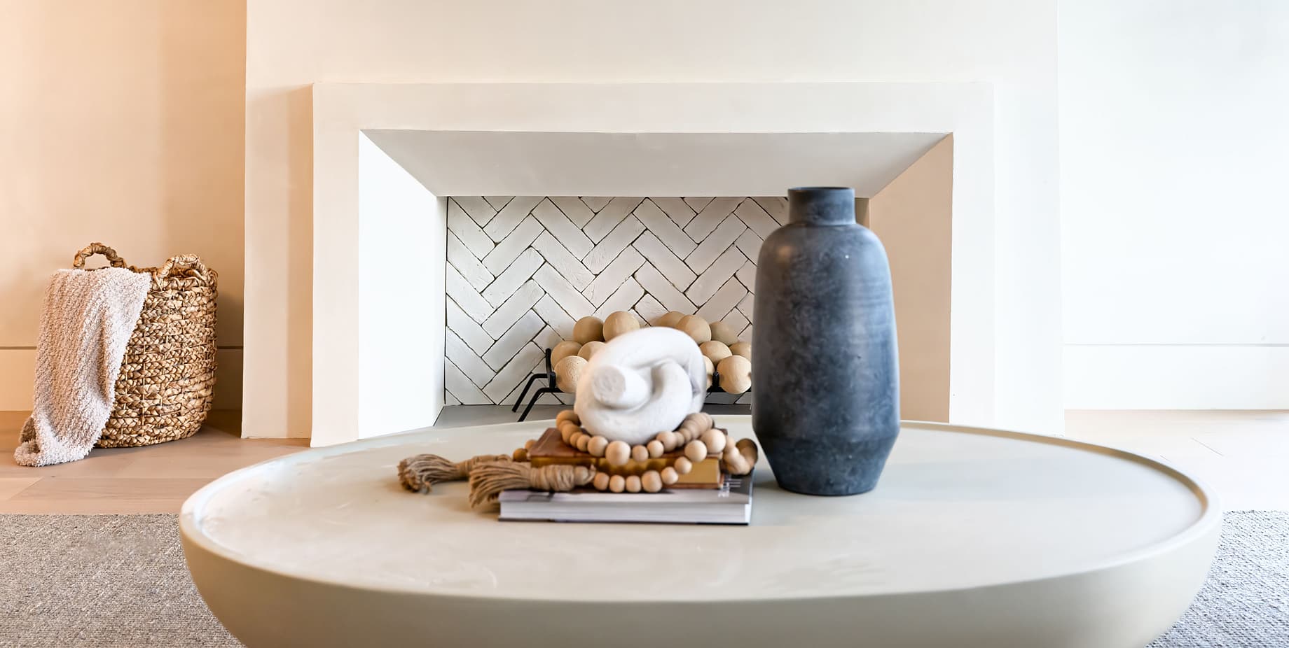 Fireplace made with plaster and chevron of Salt Lake City custom home featured in the Salt Lake City Parade of Homes.
