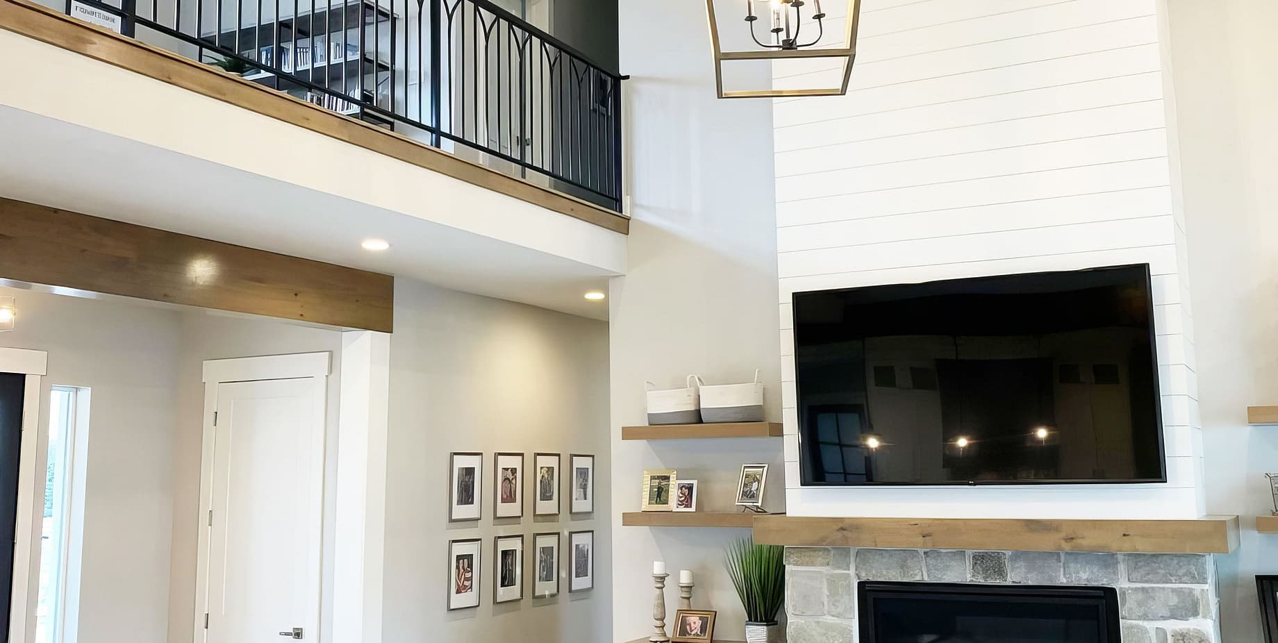 Ship lap fireplace with open loft