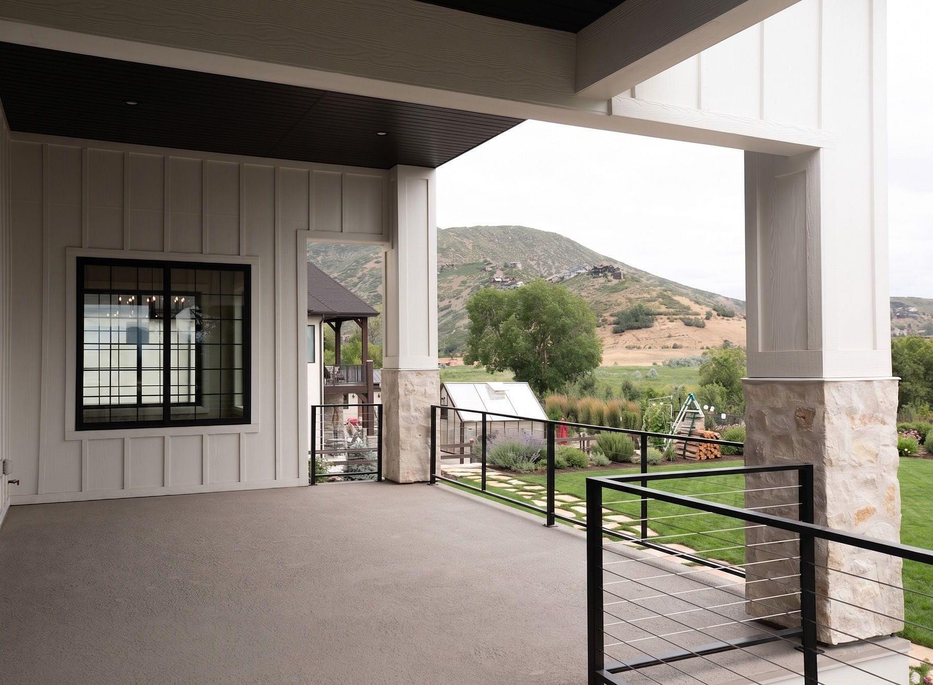Covered outdoor living space at the Springbrook custom home in Midway, Utah