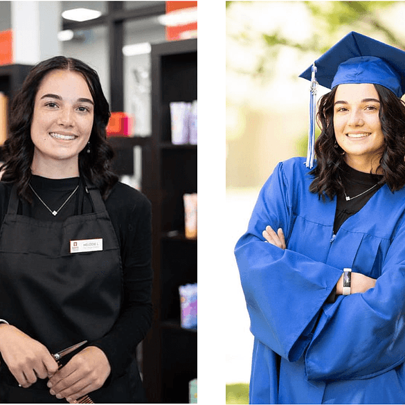 A split image shows a female student in a professional work apron on the left, and the same student in a graduation cap and gown on the right. This visual represents a successful 'pathway forward' that Career Path High provides, demonstrating that students can achieve their goals and prepare for a career even if a traditional college track isn't their primary focus